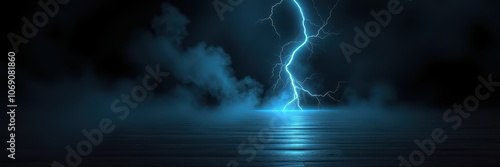 A bright blue lightning bolt strikes the water, illuminating the dark sky and reflecting on the surface of the water