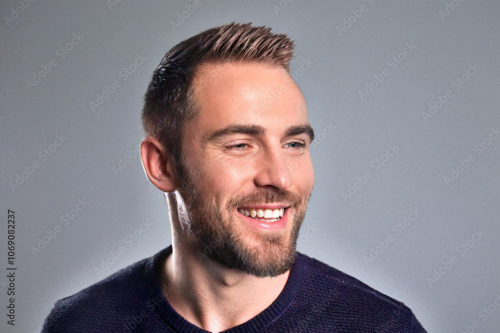 Smiling Man with Beard in Casual Attire Against a Neutral Background Smiling Man with Beard in Casual Attire Against a Neutral Background