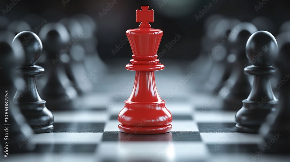 A red chess king stands tall on a chessboard surrounded by black pawns, symbolizing leadership, strategy, and dominance. A red chess king stands tall on a chessboard surrounded by black pawns, symbolizing leadership, strategy, and dominance.