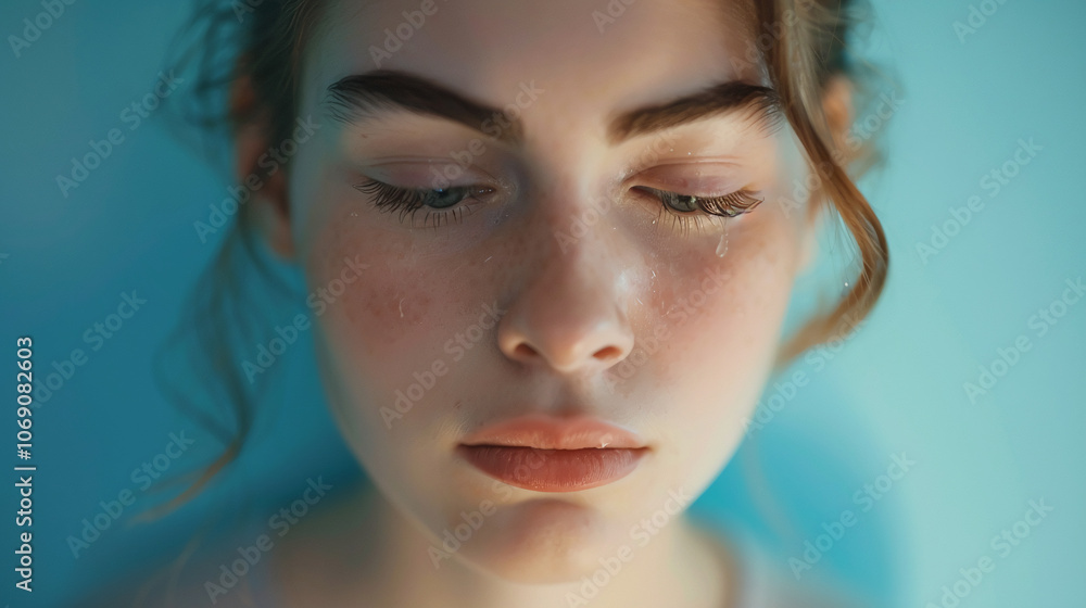 Fototapeta premium A woman cries with her eyes closed while submerged in blue water