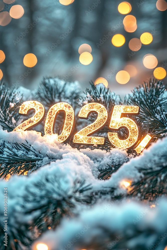 2025 New year concept lighting text on snowy background with snowy trees on background generated.AI