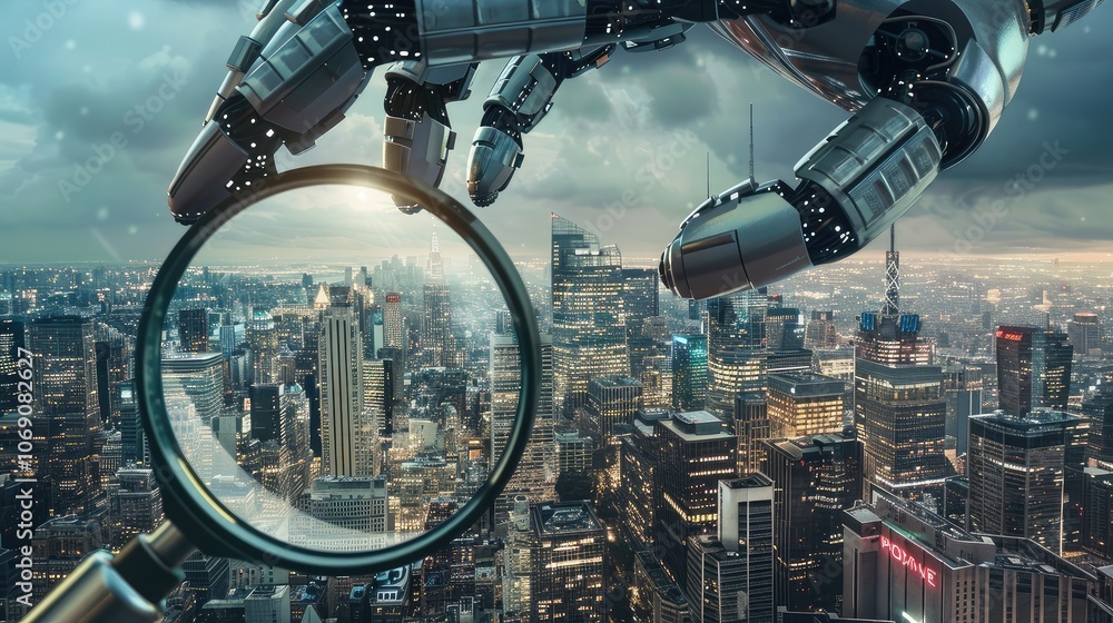 Fototapeta premium Robotic Hand Analyzing Futuristic Cityscape