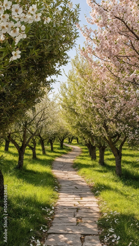 A serene path leads through a blooming orchard, lined with trees adorned in delicate white and pink flowers, creating a peaceful and picturesque spring scene. A serene path leads through a blooming orchard, lined with trees adorned in delicate white and pink flowers, creating a peaceful and picturesque spring scene.