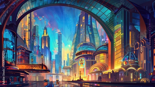 Vivid Futuristic Cityscape at Sunset