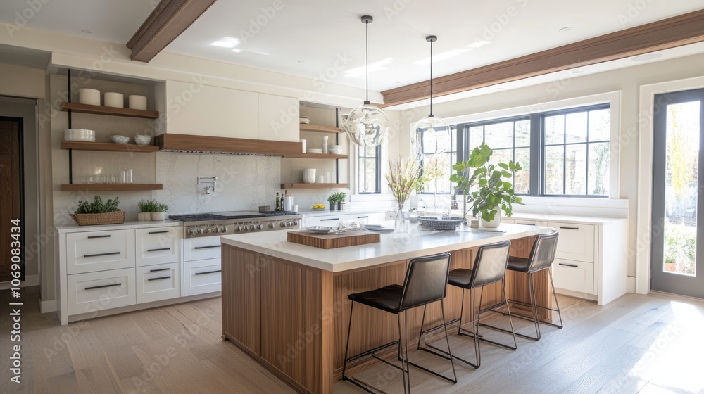 Modern Kitchen with Island, White Cabinets, and Wooden Accents Modern Kitchen with Island, White Cabinets, and Wooden Accents