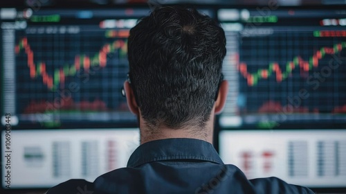 A focused individual analyzes financial charts on multiple screens, representing deep engagement in stock market trading and investment strategy.