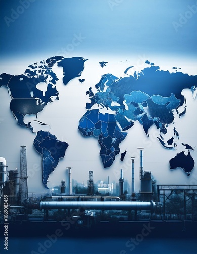 Blank world map with industrial and energy sector elements like power plants and factories, presented in blue tones for business-focused graphics photo