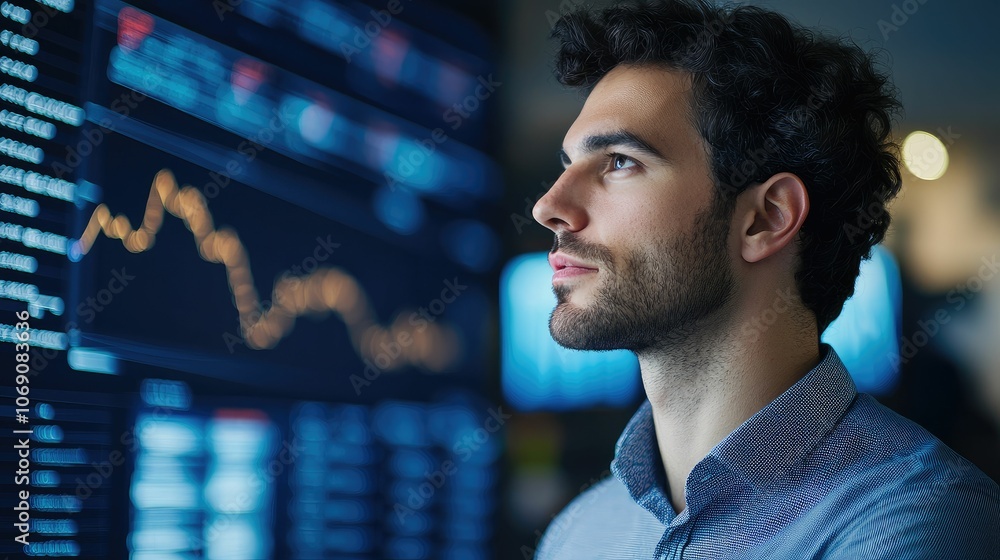 A focused individual analyzes data trends on a digital screen, highlighting investment insights in a modern financial environment. A focused individual analyzes data trends on a digital screen, highlighting investment insights in a modern financial environment.