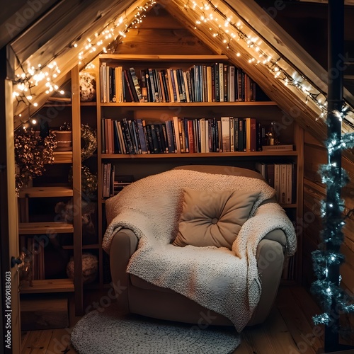 A cozy reading nook featuring a built-in window seat, shelves brimming with books, and a soft, inviting blanket photo