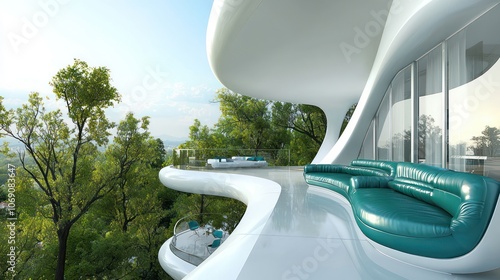 Elegant curved residence, white exterior, teal couches, tree views. photo