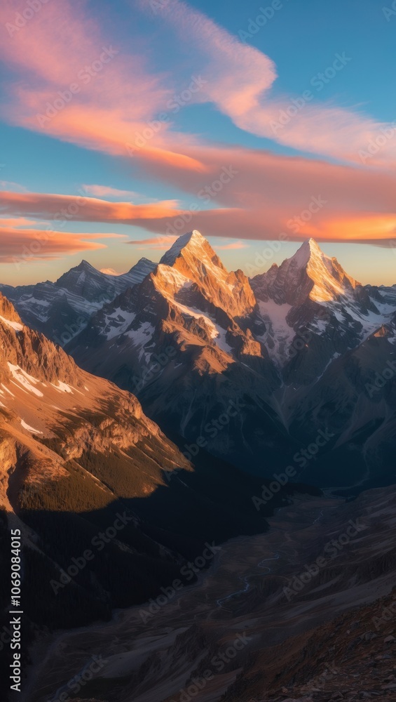 Obraz premium Majestic sunrise over snow-capped mountains, showcasing a vibrant sky in soft pastel colors, creating a serene and breathtaking natural landscape.