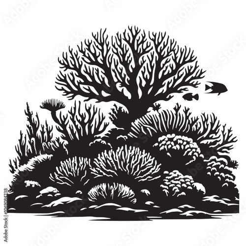 Coral reef underwater silhouette vector art black color design and solid white background 