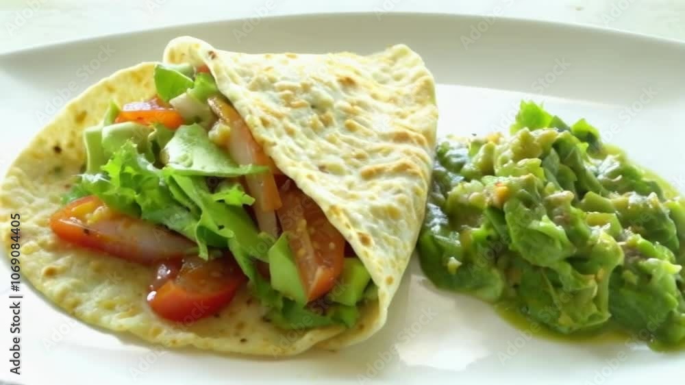 A vibrant display of a vegetable wrap with guacamole, highlighting freshness and culinary creativity. A vibrant display of a vegetable wrap with guacamole, highlighting freshness and culinary creativity.