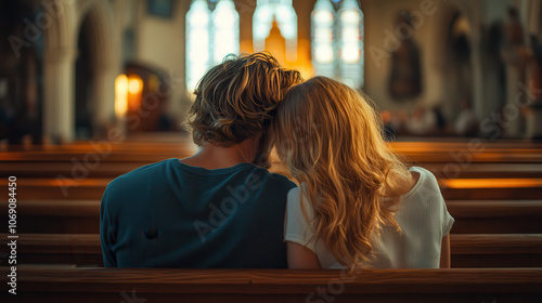 couple sitting closely in church, sharing tender moment together