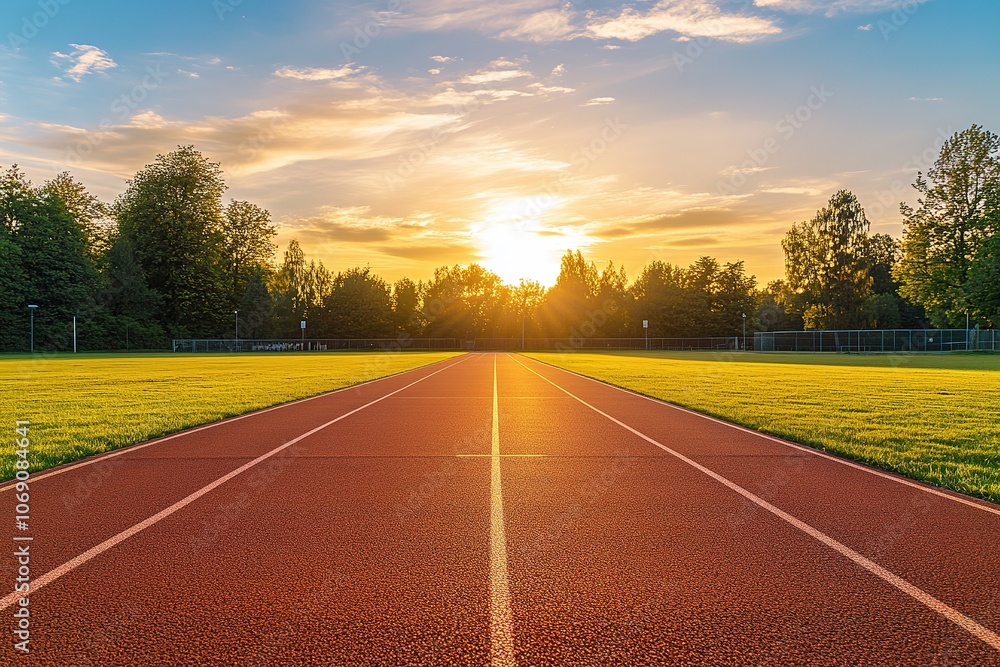 Sunset over empty running track with vibrant colors Sunset over empty running track with vibrant colors