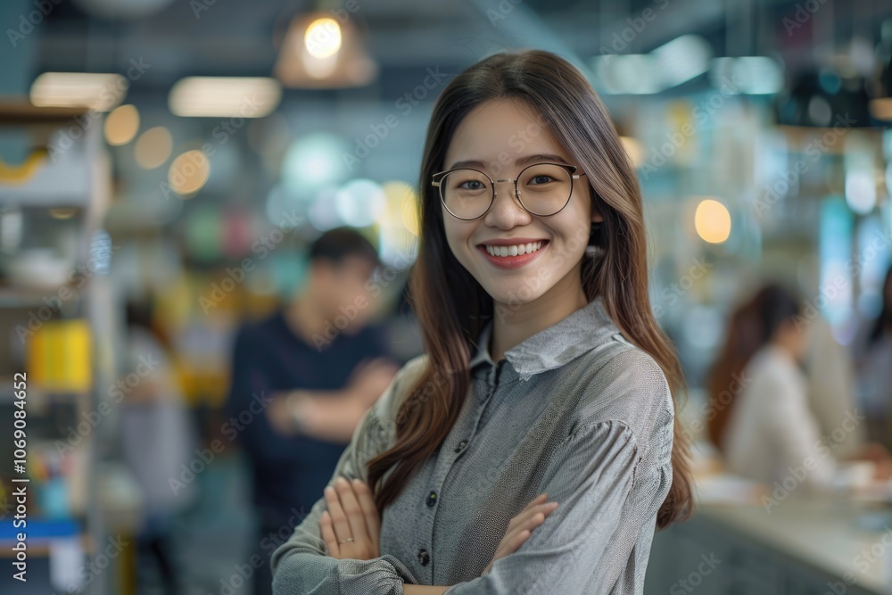Asian businesswoman smiling in office with colleagues. Asian businesswoman smiling in office with colleagues.