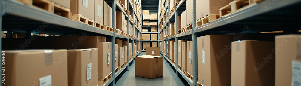 Organized warehouse shelves filled with labeled boxes, creating tidy space
