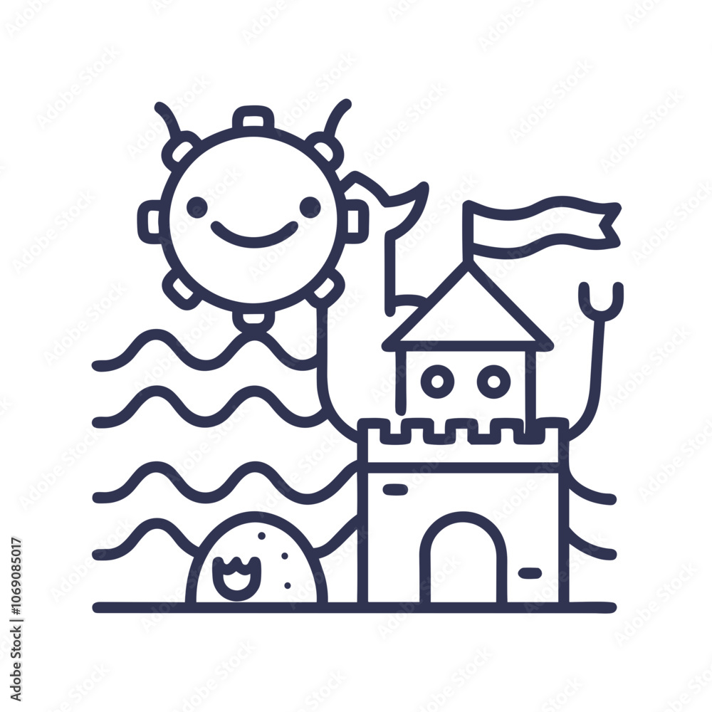 Naklejka premium Playful castle icon with a smiling sun and beach waves in a whimsical design, blue outline