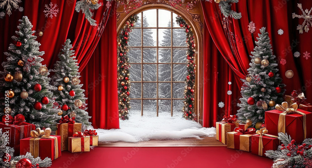 A festive Christmas scene with a large arched window, red velvet curtains, decorated Christmas trees, and piles of wrapped gifts. A festive Christmas scene with a large arched window, red velvet curtains, decorated Christmas trees, and piles of wrapped gifts.