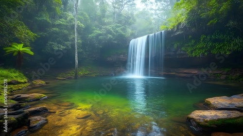 A crystal-clear waterfall cascading into a turquoise pool, encircled by lush greenery and moss-covered rocks photo