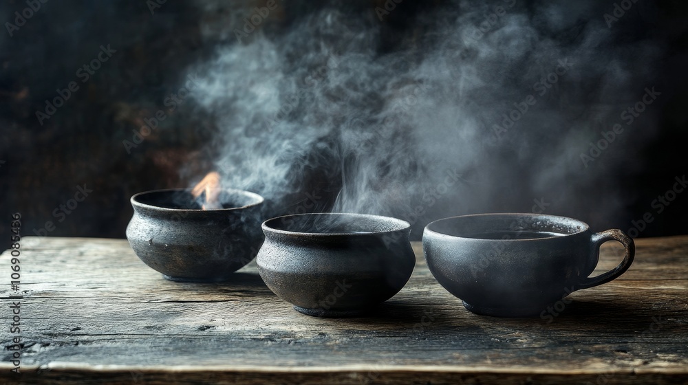 Three steaming cups on a rustic wooden surface, creating a cozy atmosphere. Three steaming cups on a rustic wooden surface, creating a cozy atmosphere.
