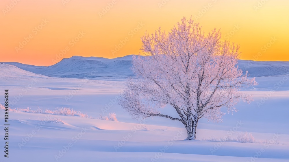 A serene winter landscape featuring a frosted tree against a colorful sunrise. A serene winter landscape featuring a frosted tree against a colorful sunrise.