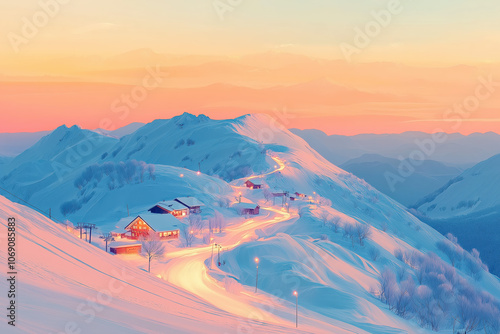 Serene winter landscape with cozy homes and winding roads at twilight, minimalist wallpaper background