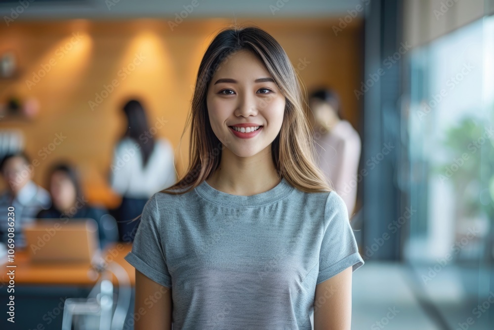 Confident Asian businesswoman in modern office with colleagues. Confident Asian businesswoman in modern office with colleagues.