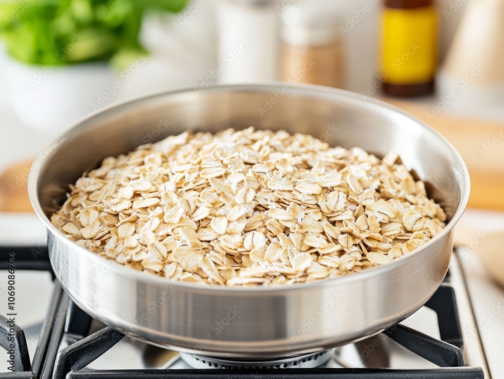 Cooking Oatmeal on the Stove in a Modern Kitchen Cooking Oatmeal on the Stove in a Modern Kitchen