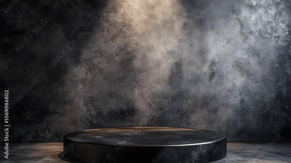 A dark podium in a smoky, foggy atmosphere, with a spotlight on a black floor and textured concrete wall, perfect for dramatic product displays. A dark podium in a smoky, foggy atmosphere, with a spotlight on a black floor and textured concrete wall, perfect for dramatic product displays.