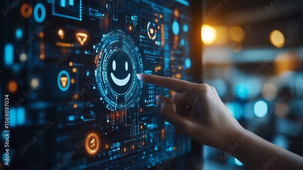 A hand points at a smiley face icon on a computer screen, representing customer satisfaction and positive feedback. A hand points at a smiley face icon on a computer screen, representing customer satisfaction and positive feedback.