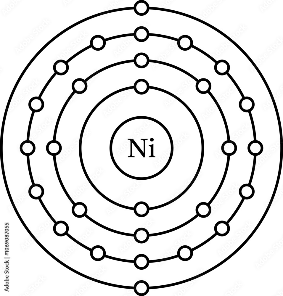 Nickel Ni electron configuration, shell diagram vector Nickel Ni electron configuration, shell diagram vector