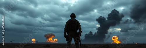 A soldier stands amidst the chaos of a battlefield, witnessing multiple explosions in the distance photo