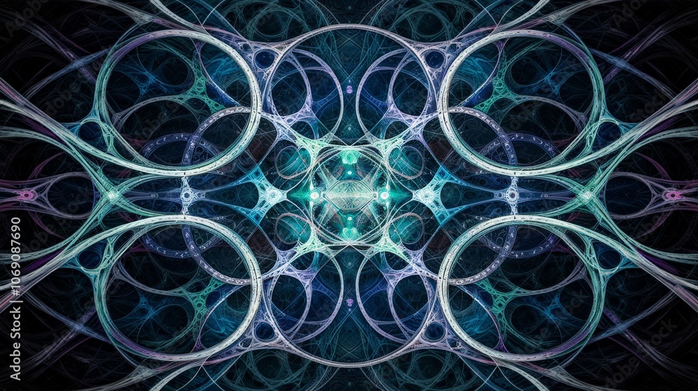 Abstract geometric pattern with intertwined circles and glowing effects
