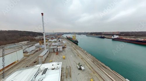 A panoramic view of a shipping dock with vessels and industrial structures along a waterway. photo