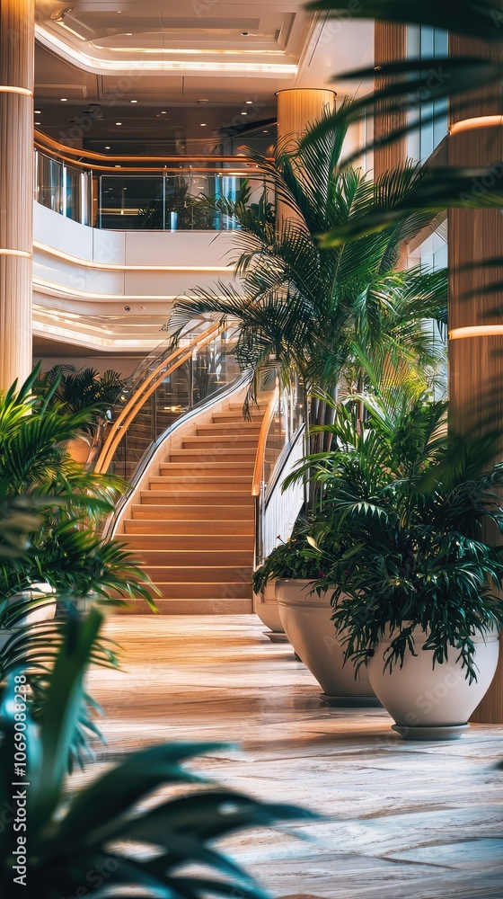 Fototapeta premium Serene Atrium with Grand Staircase and Lush Greenery