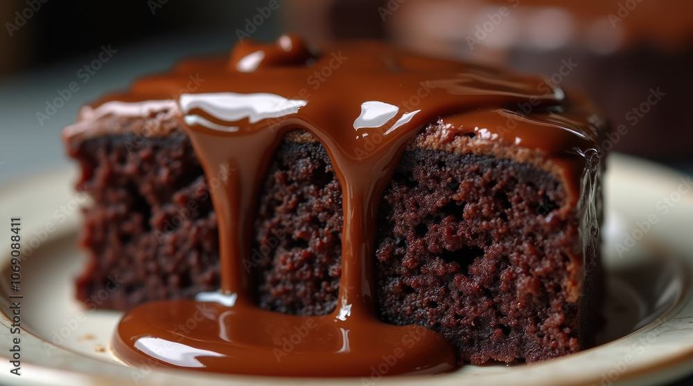 Obraz premium A decadent slice of chocolate cake with rich chocolate dripping around it