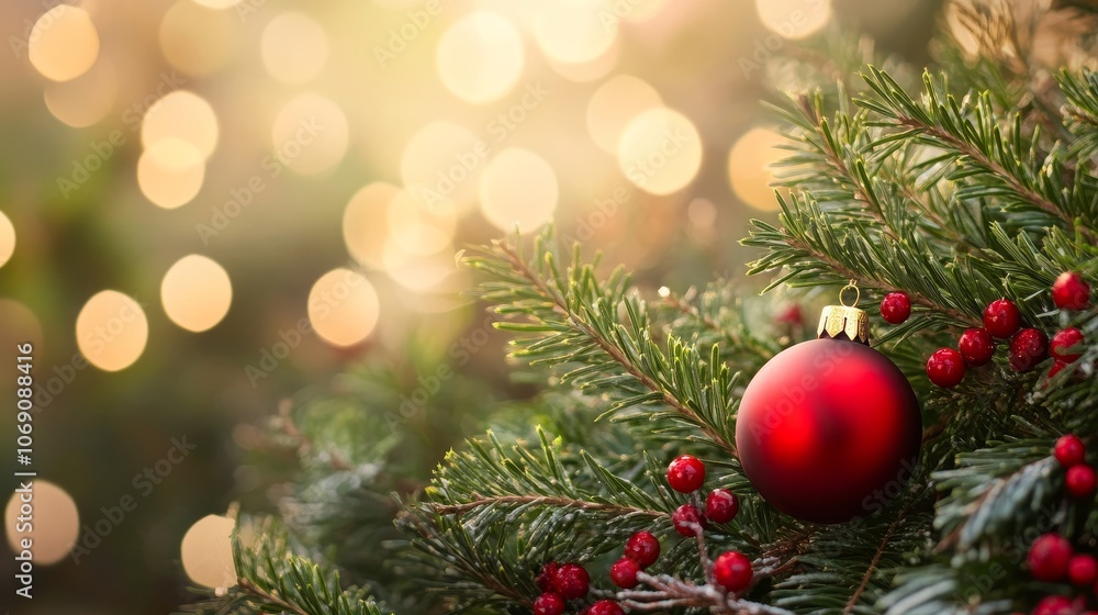 A festive close-up of a red ornament on pine branches with a blurred, sparkling background. A festive close-up of a red ornament on pine branches with a blurred, sparkling background.