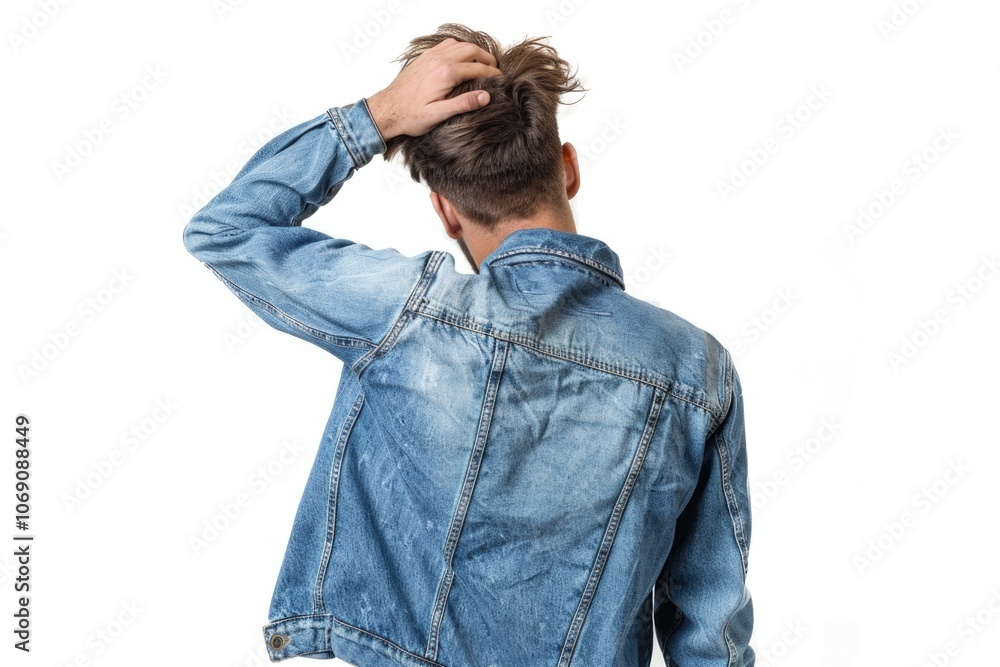 back view of a confused young casual man with his hand on the back of his head. isolated on white back view of a confused young casual man with his hand on the back of his head. isolated on white