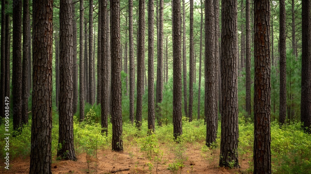A dense pine forest features towering trees and a soft forest floor blanketed with pine needles, creating a serene and natural woodland environment. A dense pine forest features towering trees and a soft forest floor blanketed with pine needles, creating a serene and natural woodland environment.