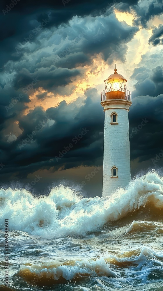 Obraz premium Illuminated Lighthouse Against Dramatic Sky