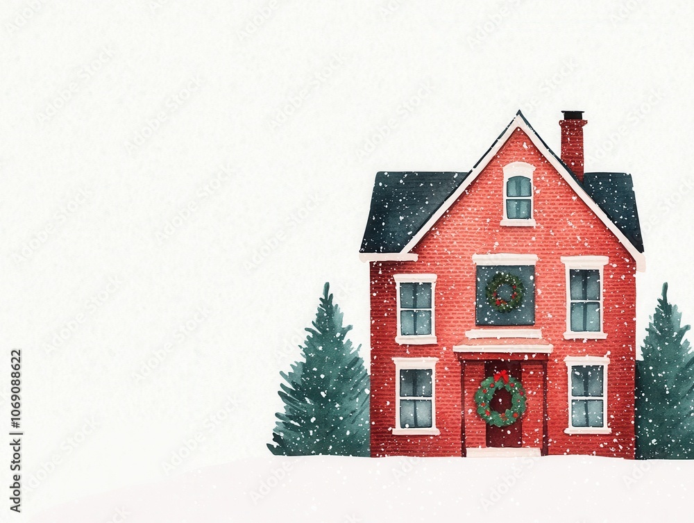 Victorian House with Snow and Wreath in Winter Scene Victorian House with Snow and Wreath in Winter Scene