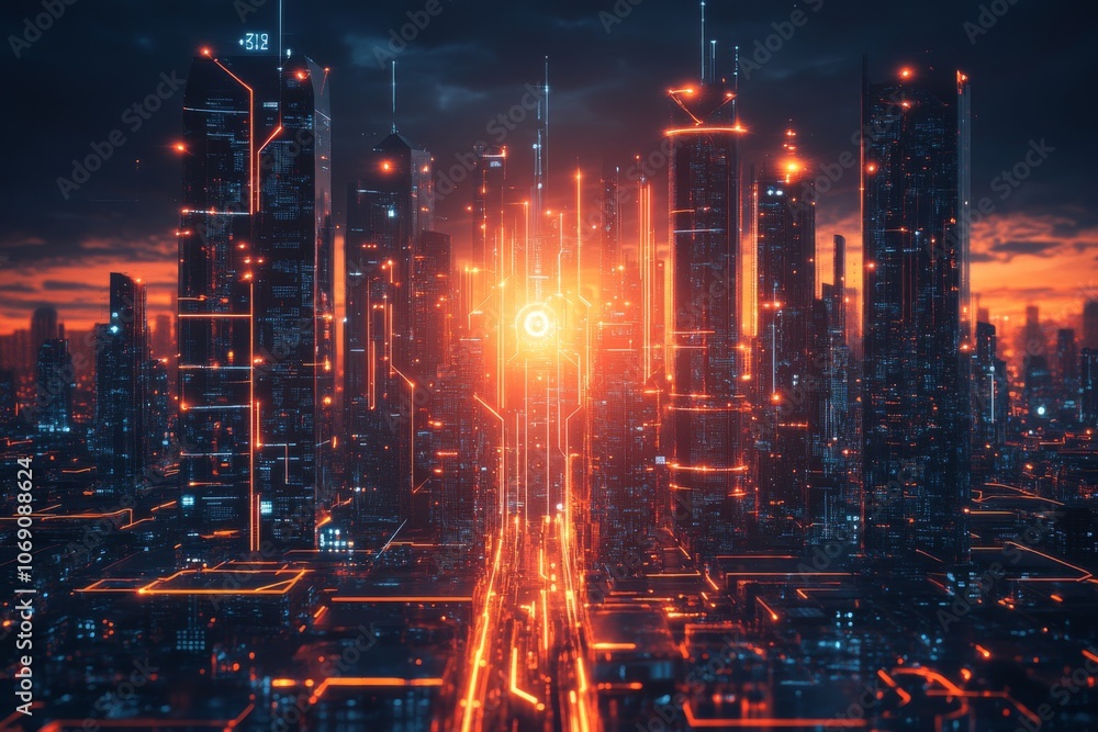 Fototapeta premium Futuristic Cityscape with Neon Lights and Circuitry