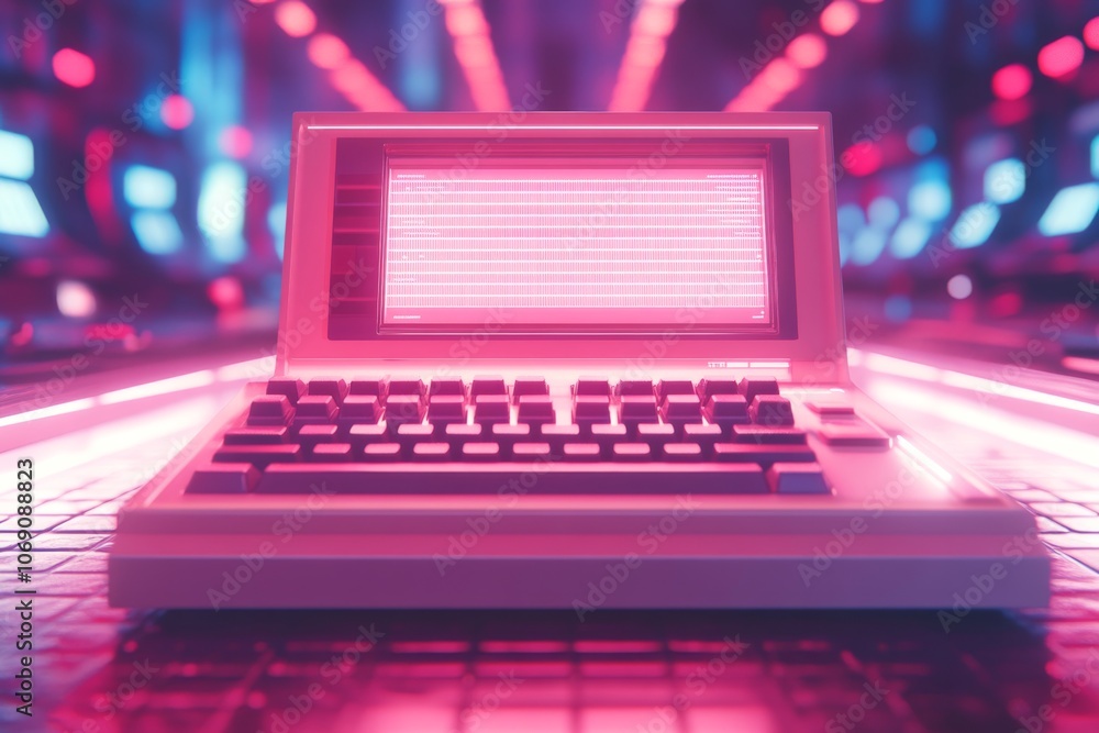 Retro Laptop with Neon Lights Pink and Blue Glow Synthwave Aesthetic Retro Laptop with Neon Lights Pink and Blue Glow Synthwave Aesthetic