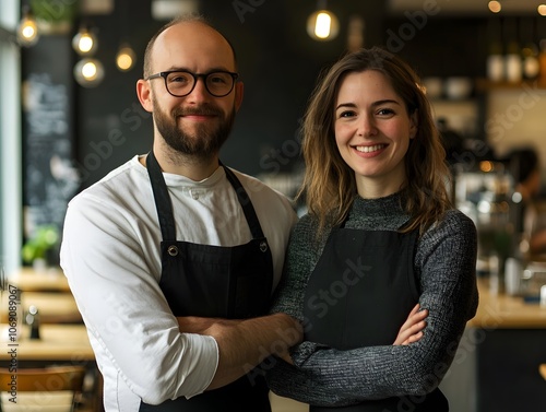 Obraz na płótnie Portrait, arms crossed or happy couple in restaurant or cafe with smile or small business together. Teamwork, proud woman or managers at coffee shop or diner with hospitality service in partnership w salonie