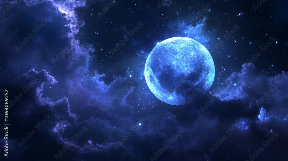 A vibrant night sky featuring a large blue moon surrounded by cloud and star. A vibrant night sky featuring a large blue moon surrounded by cloud and star.