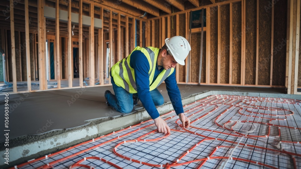 Construction worker installing radiant floor heating in new building