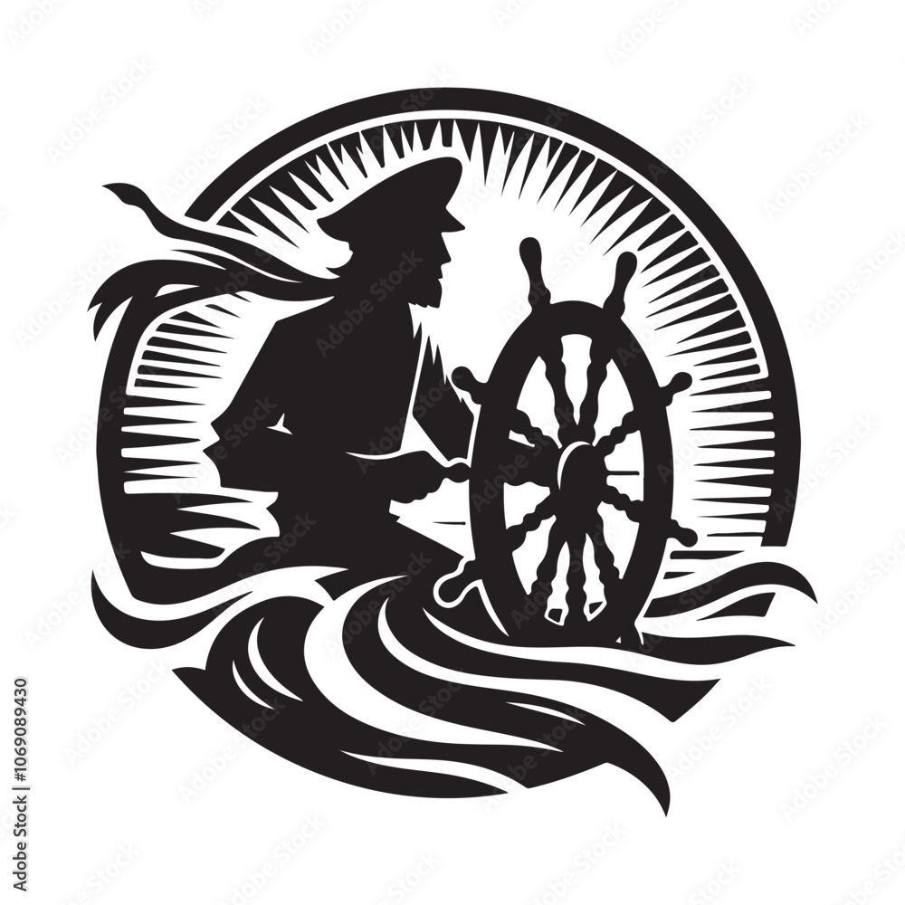 Fototapeta premium Sailor at the helm silhouette vector art black color design and solid white background 