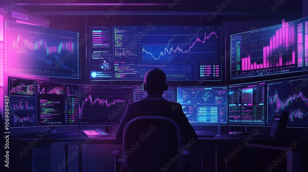Financial Analyst at Work with Multiple Monitors Displaying Data Financial Analyst at Work with Multiple Monitors Displaying Data