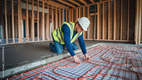 Obraz na płótnie Construction worker installing radiant floor heating in new building w salonie
